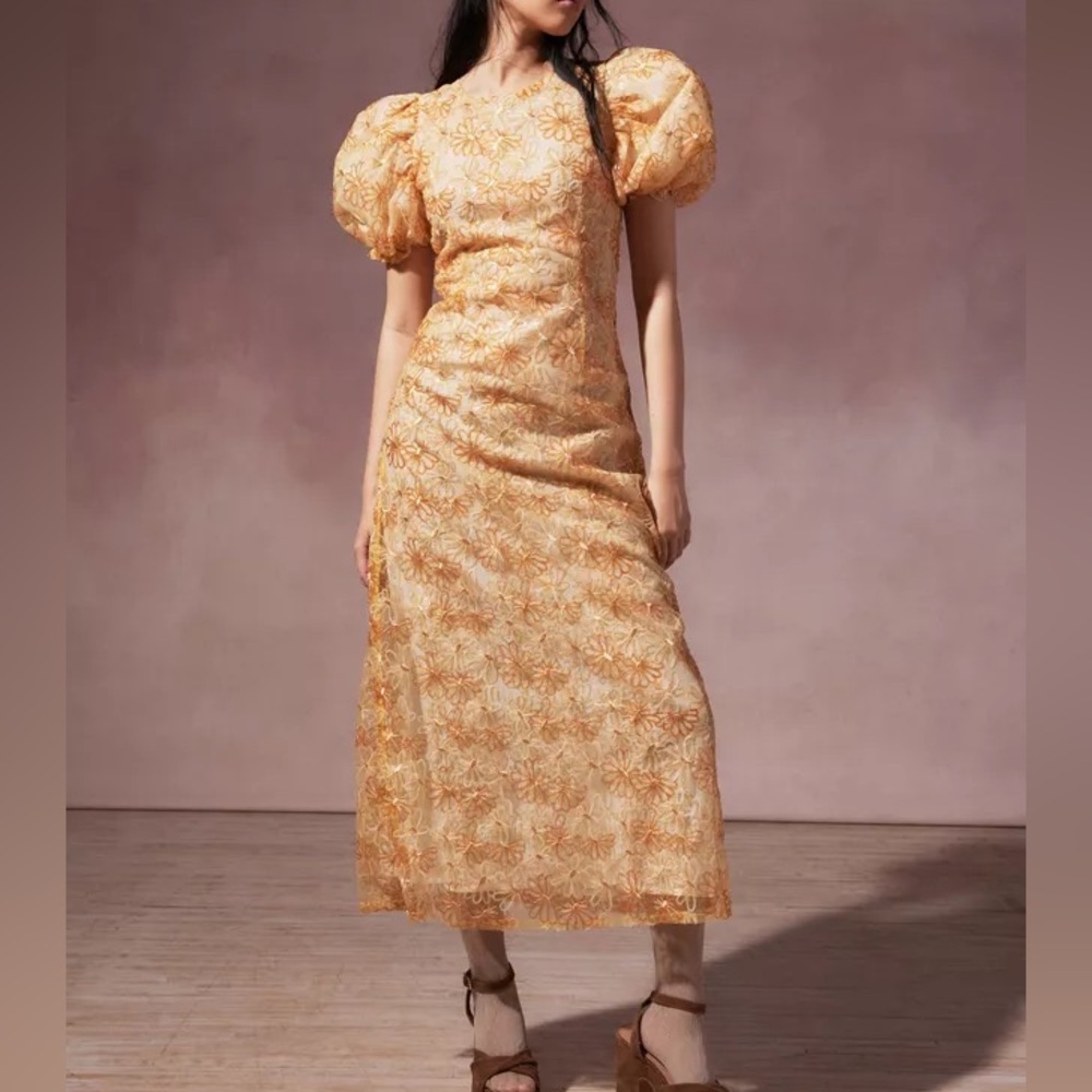 Sister Jane Floral Lace Midi Dress in Peach